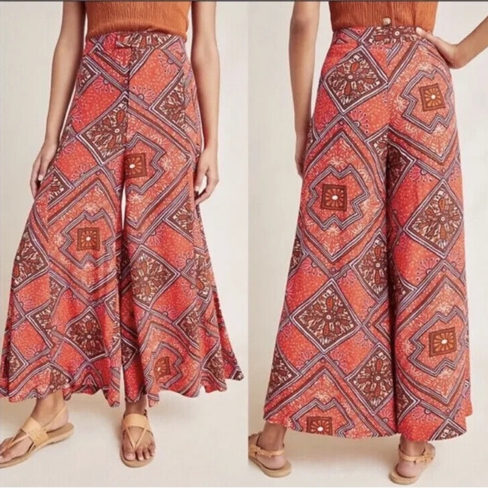 Anthropologie Geometric Bohemian Orange Patterned Skirted‎ Wide-Leg Pants Size 4